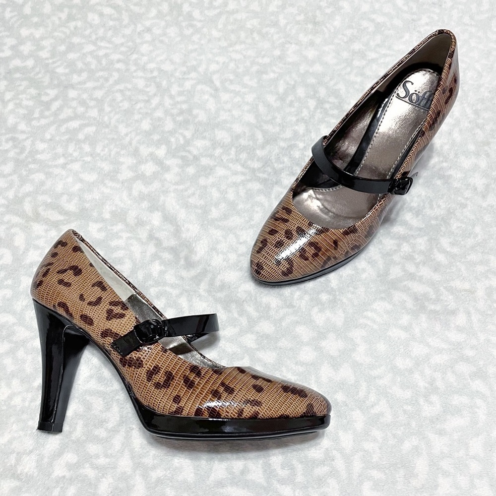 Sofft Leopard Heels Rieta Patent Leather Mary Jane Pumps Animal Print Platform
